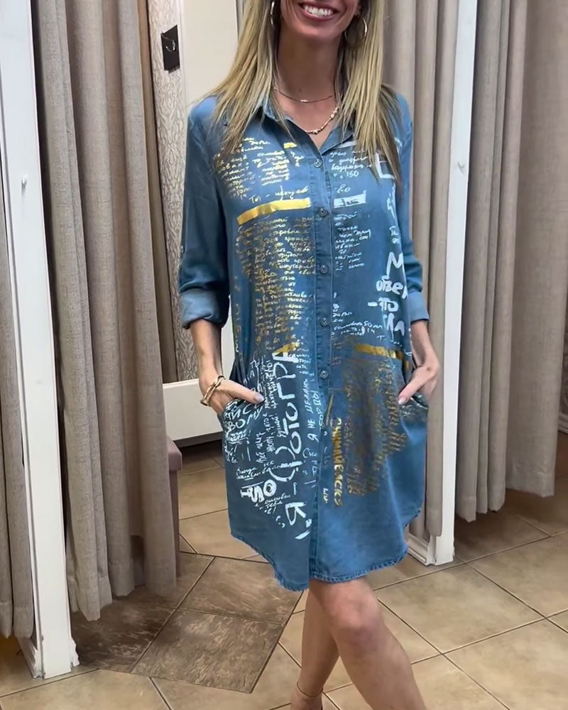 Jurk Letterprint Lange Mouw Overhemd