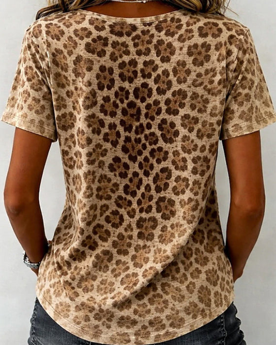 T-Shirt V-Hals Luipaard Print Gradient Korte-Mouw