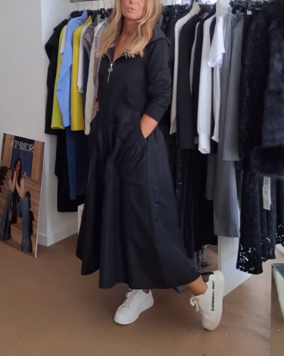 Casual jurk met rits, capuchon en patchworkzak