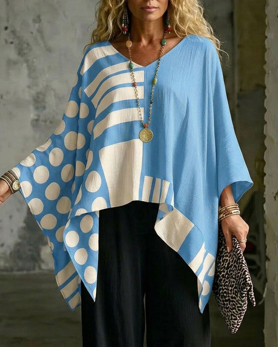Blouse Polka Dot Streep Patchwork V Hals