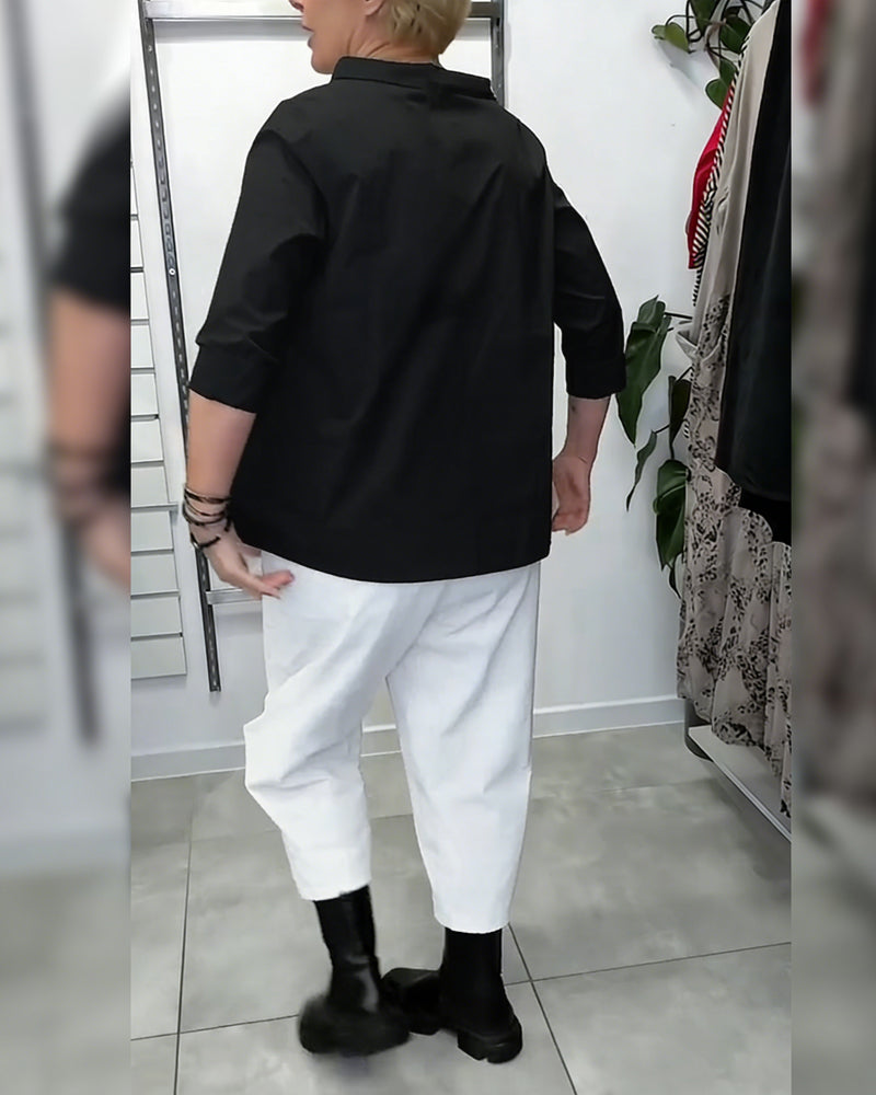 100% Katoen Bloes Wijde Kraag Effen Kleur Casual