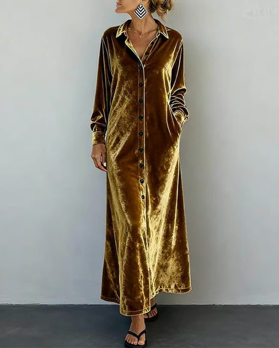 Effen Jurk Van Fluweel Met Kraag En Overhemdstijl