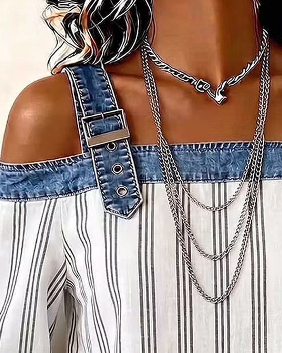 Blouse Denim Off-Schouder Streep Paneel