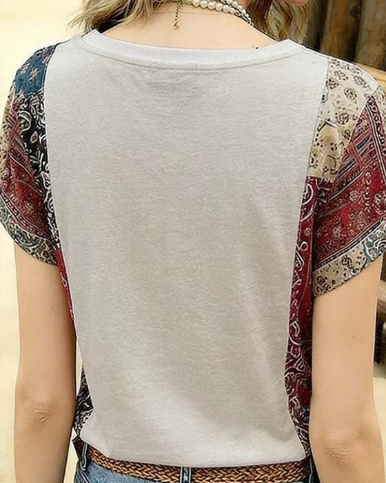 T-Shirt V-Hals Korte Mouw Patchwork