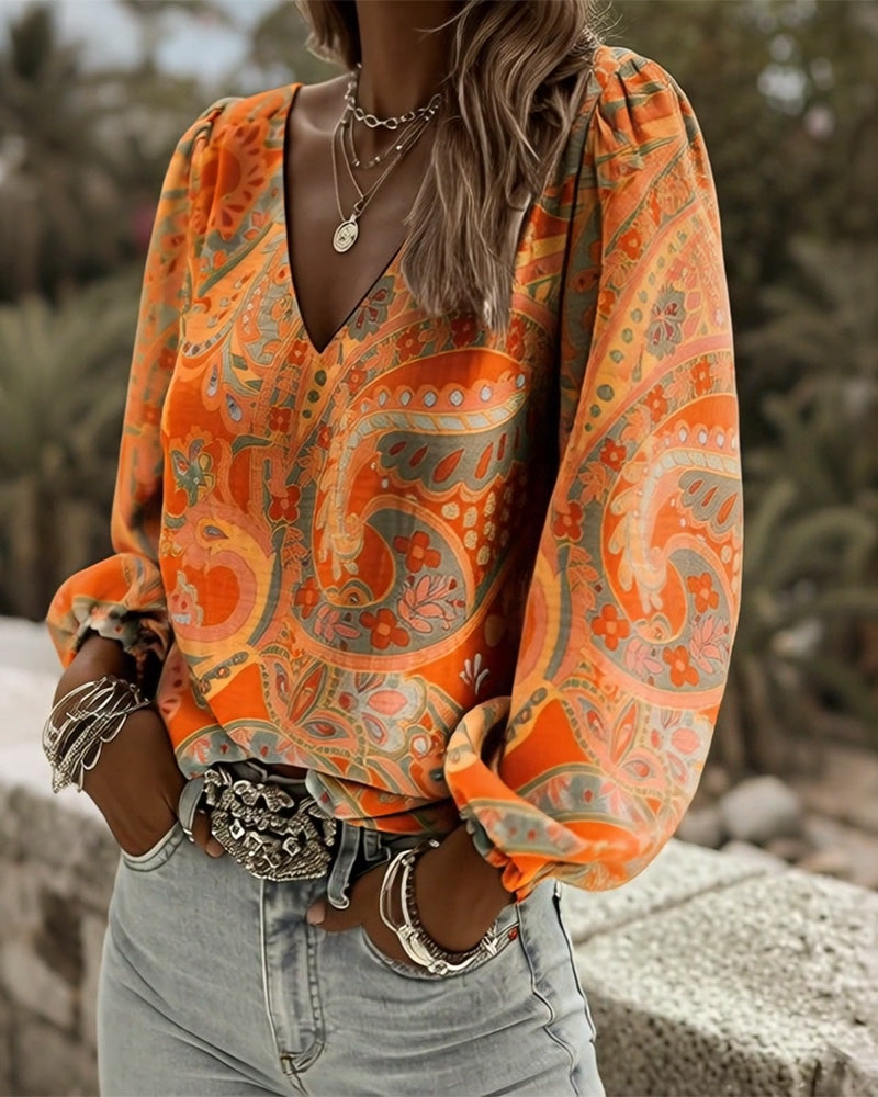 Blouse Met Patroon V-Hals Pofmouw