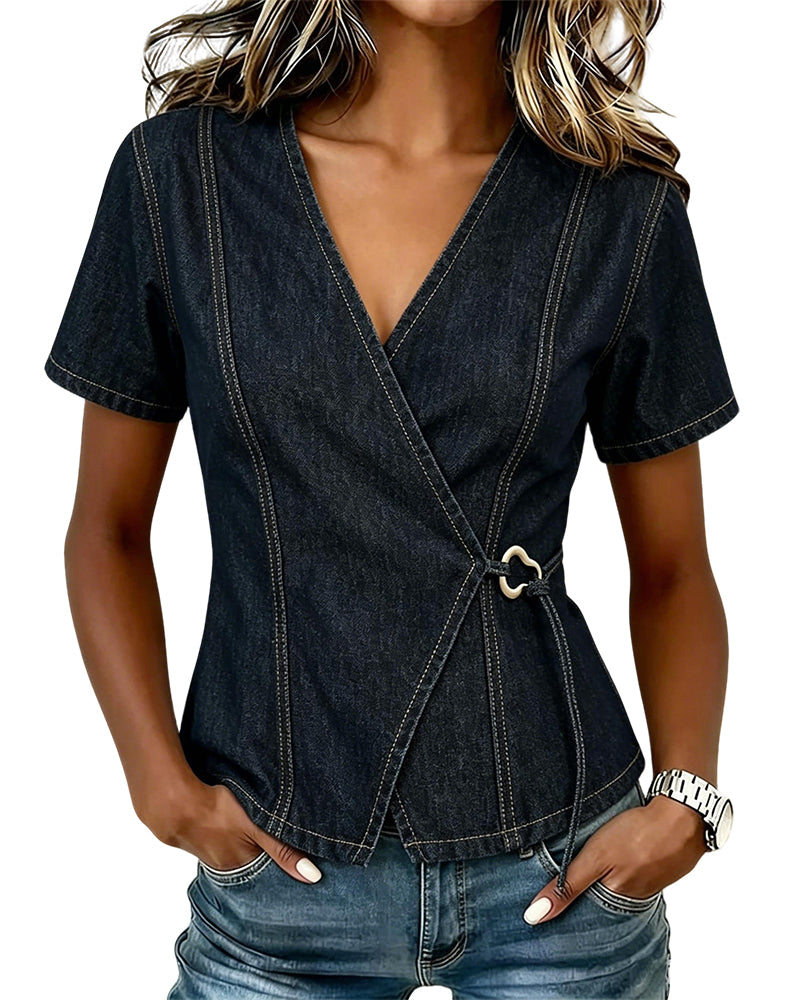 Blouse Onregelmatig Lace-Up Denim