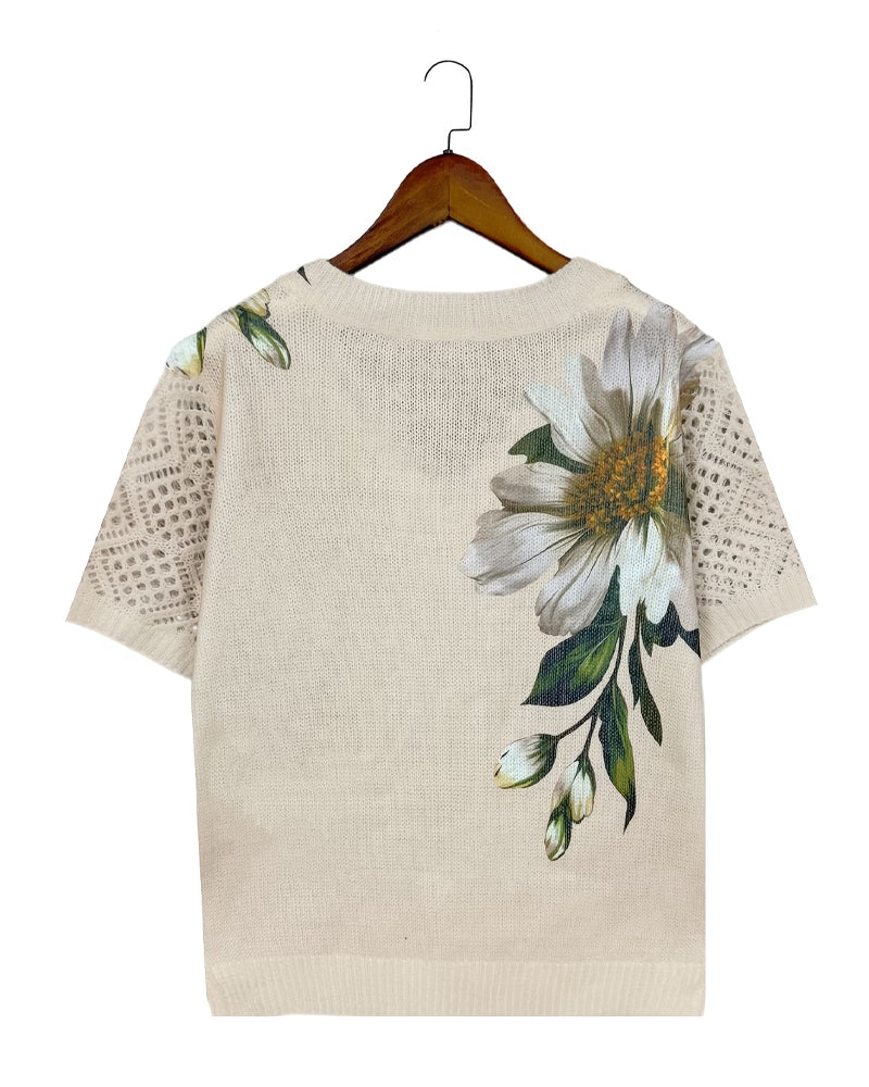 Pullover V-Hals Gebreid Bloemen