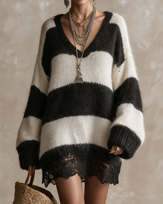 Trui Jurk V-Hals Gestreept Kant Patchwork