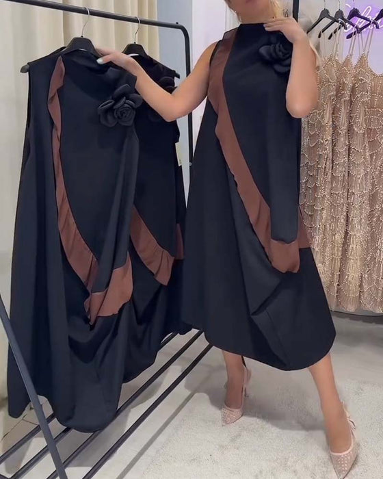 Jurk 3D Bloemblad Volant Kleurcontrast Mouwloos