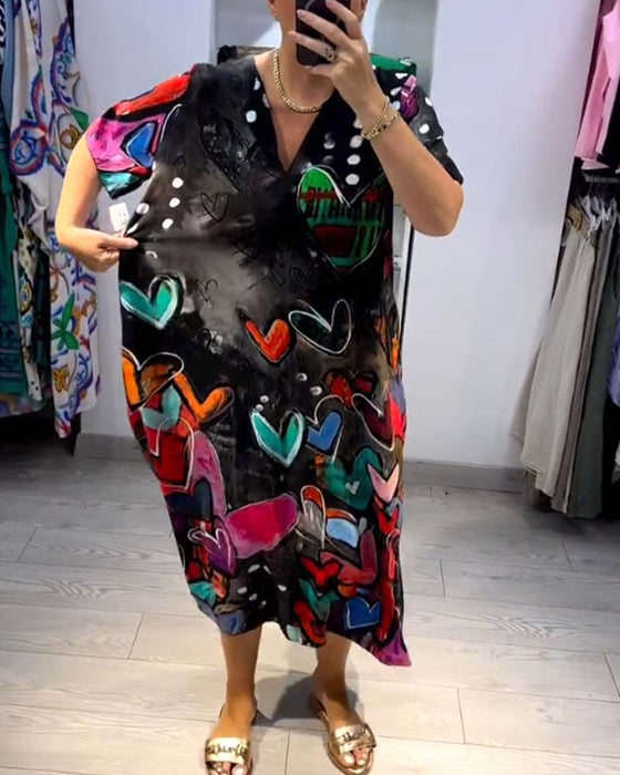 Liefdes-casual jurk met V-hals en print