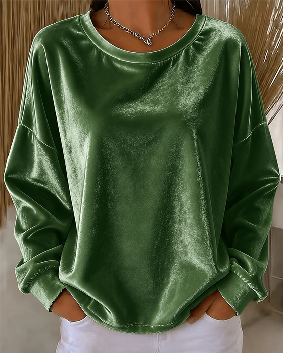 Blouse Ronde Hals Drop Schouder Relaxed Lange Mouw