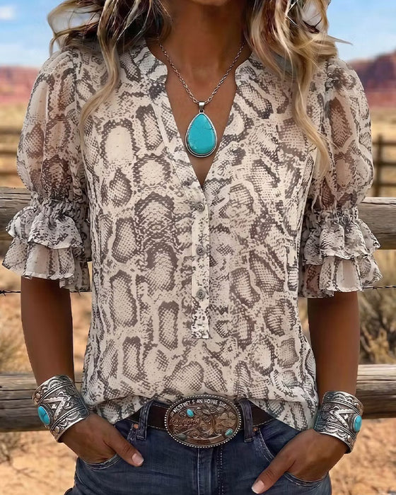 Blouse Slangenhuidpatroon V-Hals Pofmouw