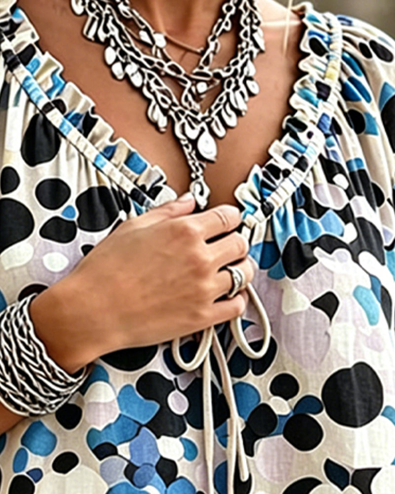 Blouse V-Hals Stippen Met Vetersluiting