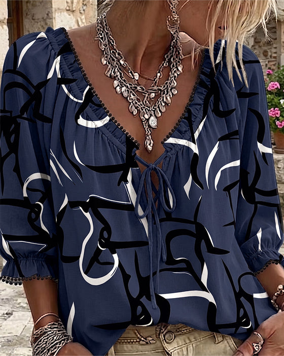 Blouse Abstracte Print V-Hals Vetersluiting