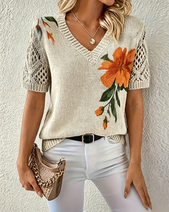 Pullover V-Hals Gebreid Bloemen