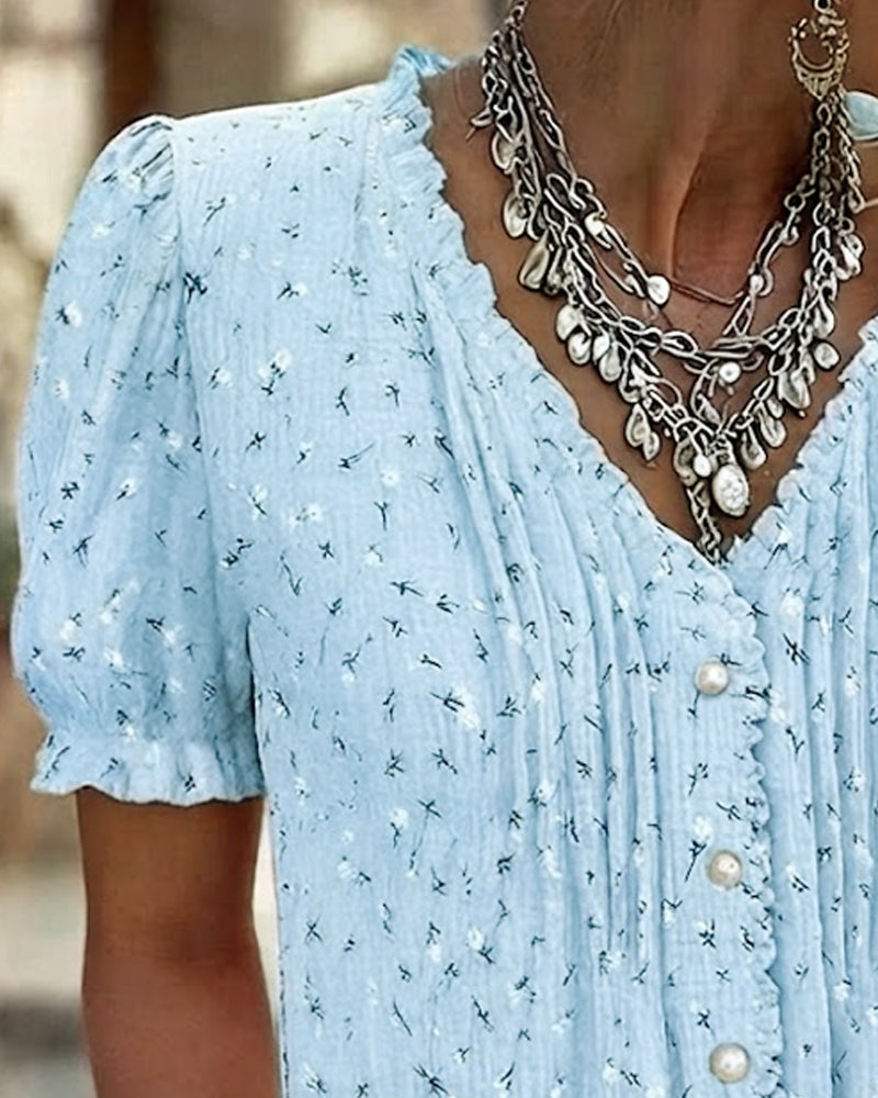 Blouse Poefmouw Bloemenprint Korte-Mouw