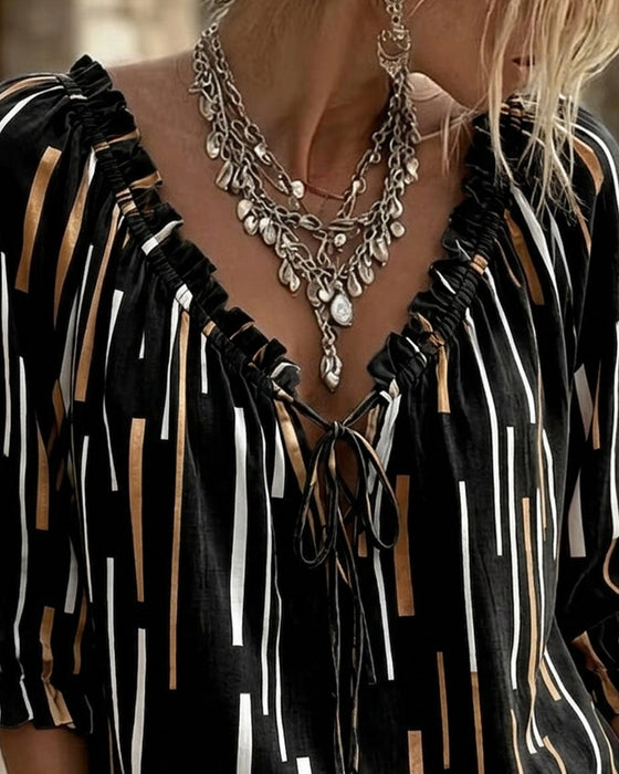 Blouse V-Hals Ruffle Trim Streep