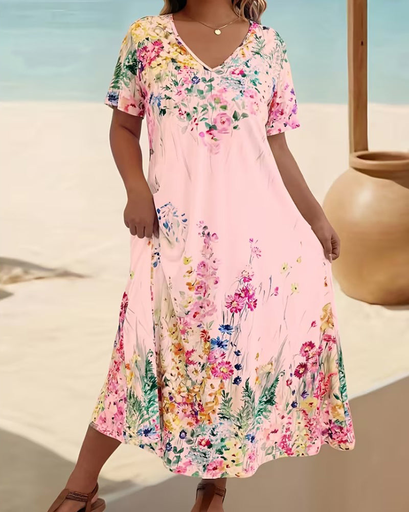 Jurk Aquarel Bloemen V-Hals