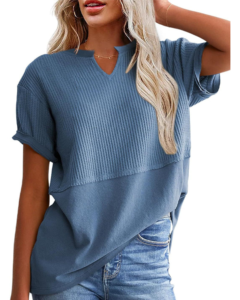 T-Shirt Getailleerde Taille Patchwork V-Hals Pullover