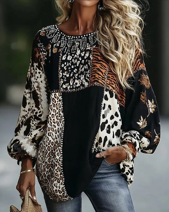 Blouse Ronde Hals Luipaard Tijger Print Contrast
