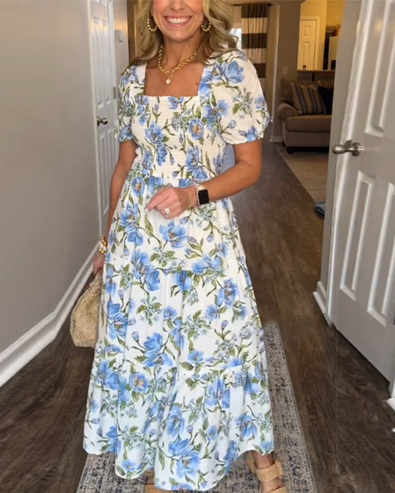 Jurk Vierkante Hals Plissé Bloemen A-Lijn