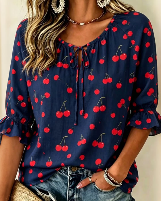 Blouse Kersen Print Strik 3/4 Mouw