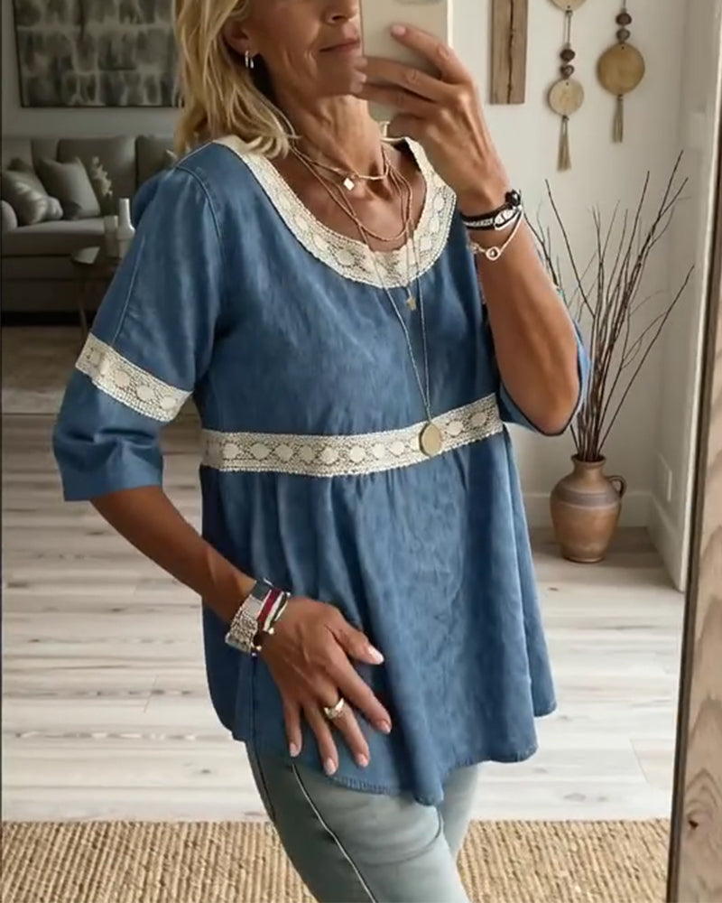 Blouse Kant Patchwork Halve Mouw