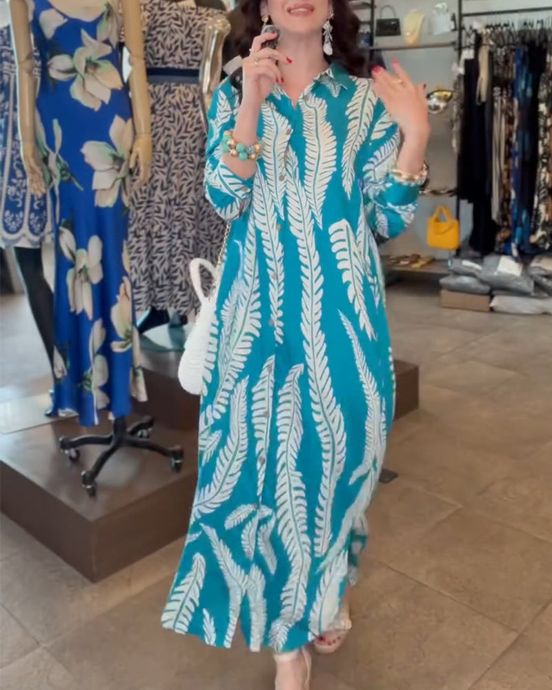 Jurk Gekraagd Blad Print Overhemd