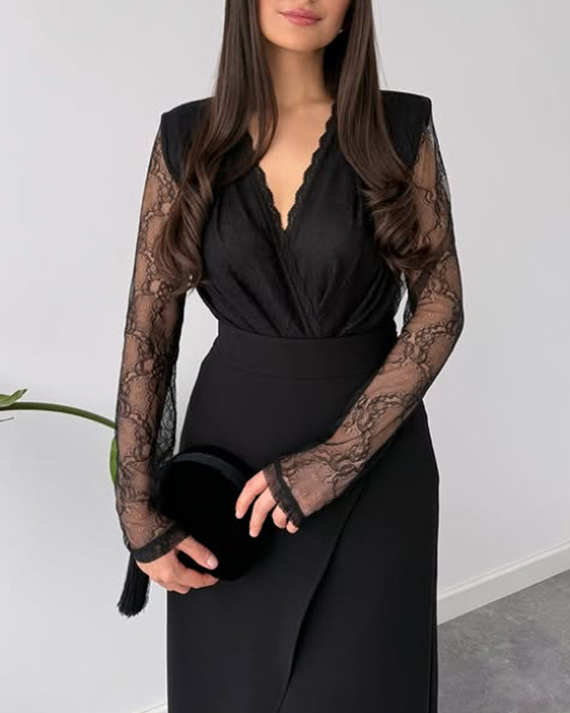 Tweedelig Set Met V-Kraag Kant Top, Asymmetrische Midirok En Elegante Stil