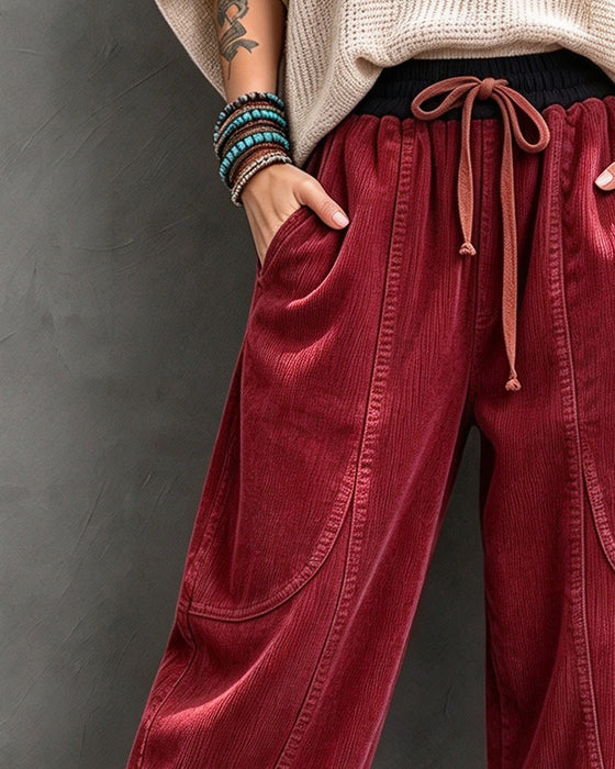 Broek Elastische Taille Kleurblok Cropped Wijd Been