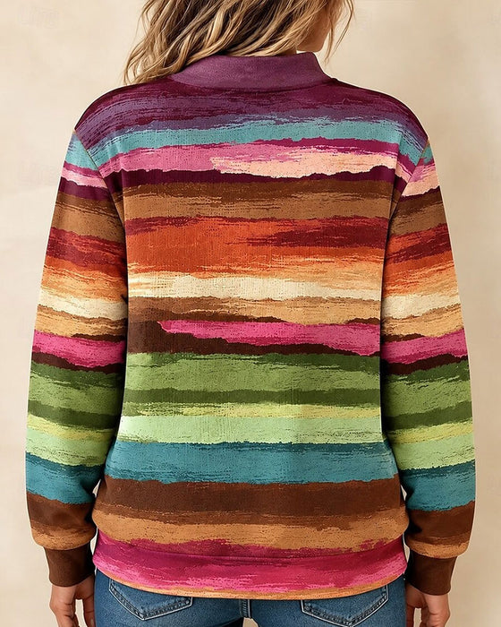 Sweatshirt Vintage Kleurrijk Gestreept Halve Rits Staande Kraag Lange Mouw