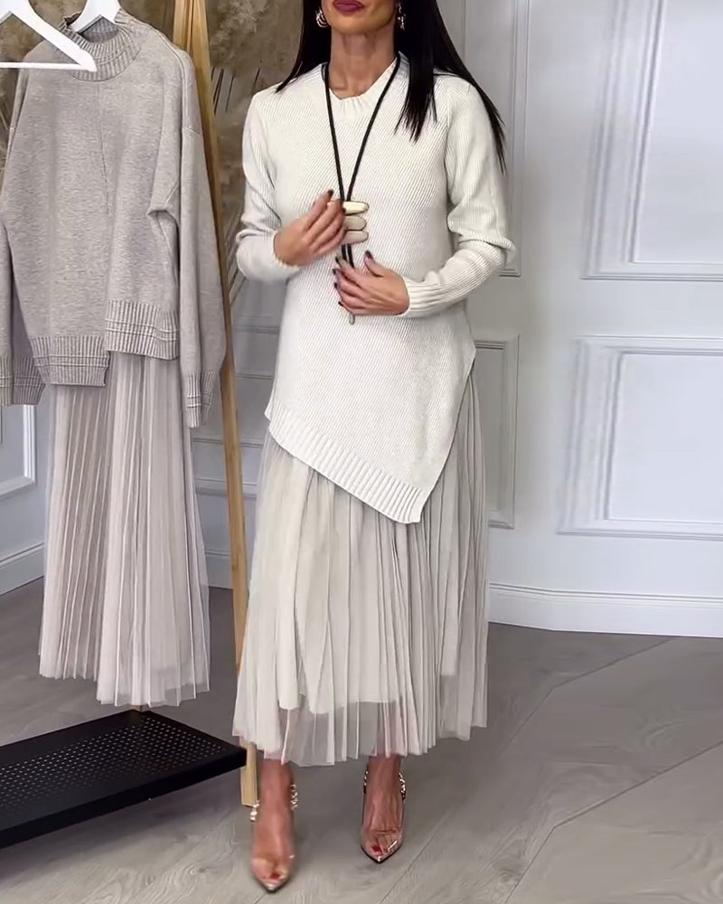 Twee-Delige Set Met Pullover En Rok In Ronde Hals En Onregelmatig Design