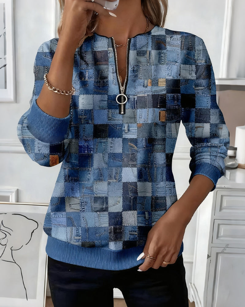 Sweatshirt Met Halve Rits Kraag Ruitjesprint