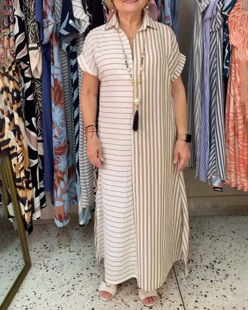 Jurk Gestreept Patchwork Casual Lang