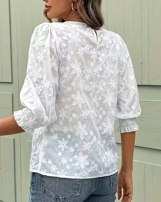 Blouse Ronde Hals Pofmouw Driedimensionaal Bloemig