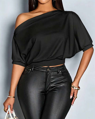 T-shirt Effen Kleur Een Schouder