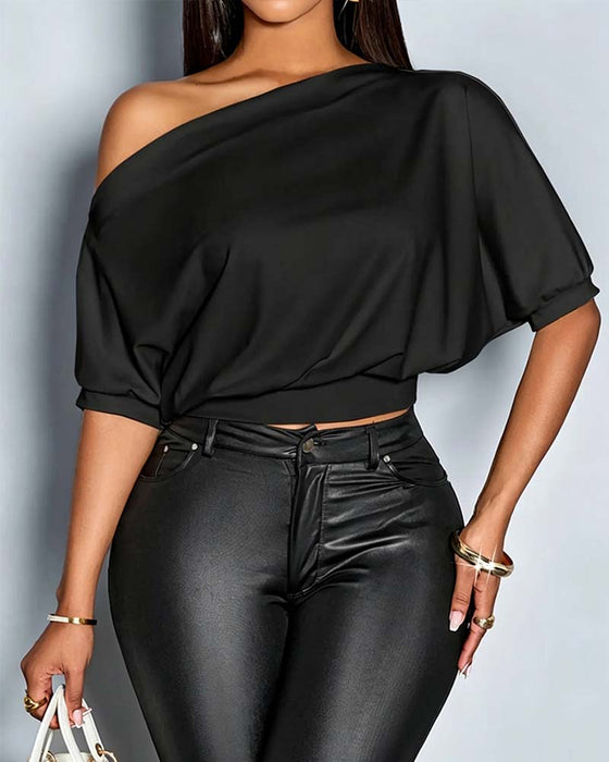 T-shirt Effen Kleur Een Schouder