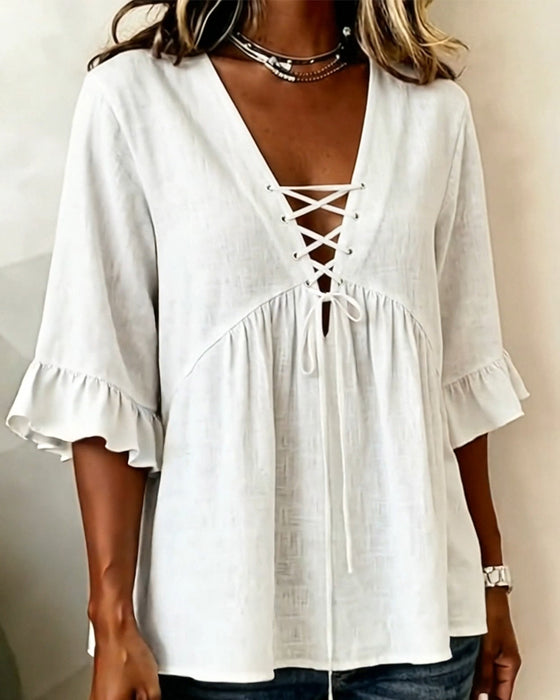 Blouse Effen V-Hals Ruches