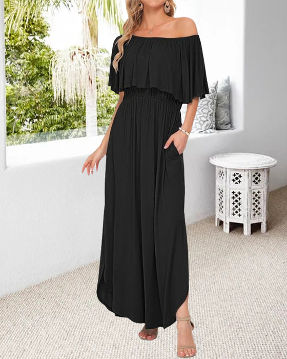 Jurk Off-Shoulder Ruffle Split