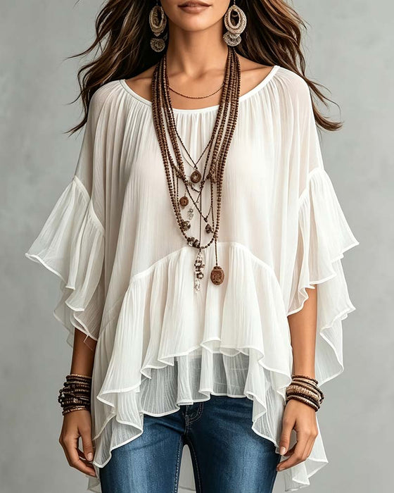 Blouse Ronde Hals Dubbele Laag Ruche Onregelmatige Mouw