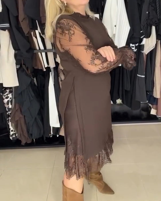 Jurk Kant Patchwork Stijlvol Lange Mouwen