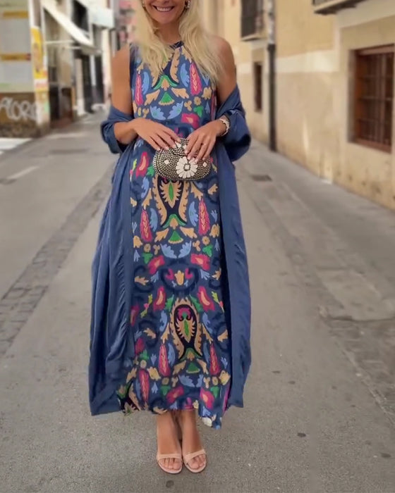 Set Mouwloze Lange Jurk Met Lange Vest
