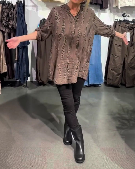 Blouse V-Hals Knoop Voor Luipaard Print Relaxed