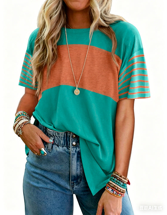 T-Shirt Pullover Gestreept Kleurblok Korte Mouw
