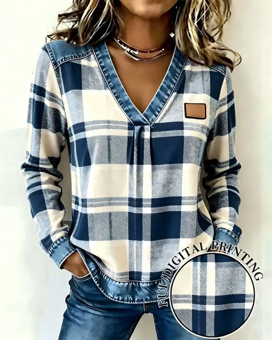 Top V-Hals Geruit Denim Patchwork