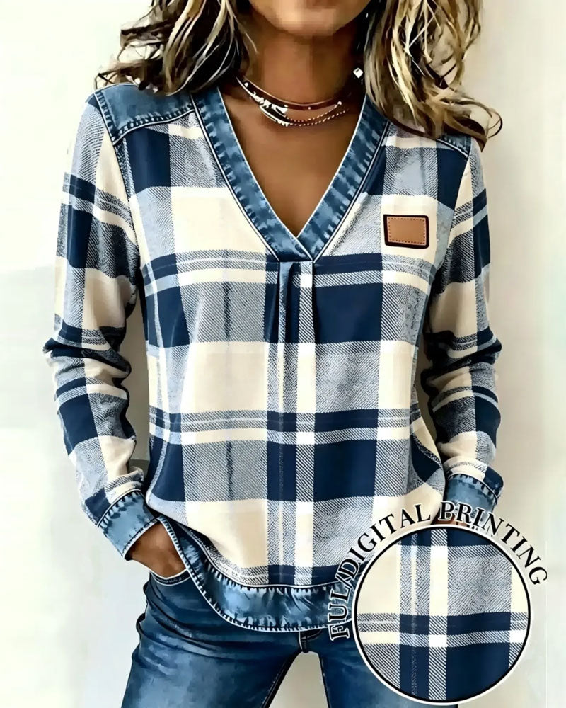 Top V-Hals Geruit Denim Patchwork