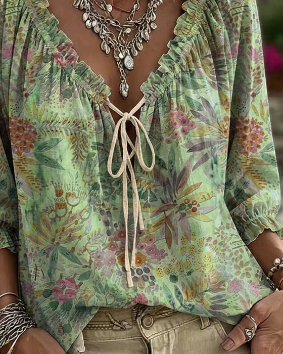 Blouse V-Hals Met Vetersluiting