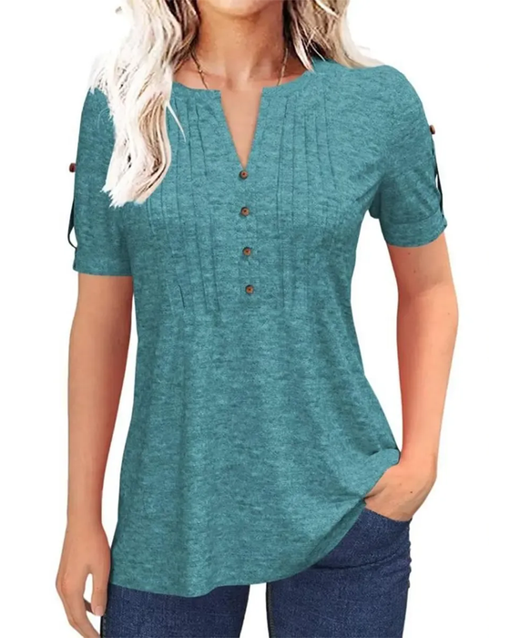 T-Shirt Geplooid Henley Korte Mouw