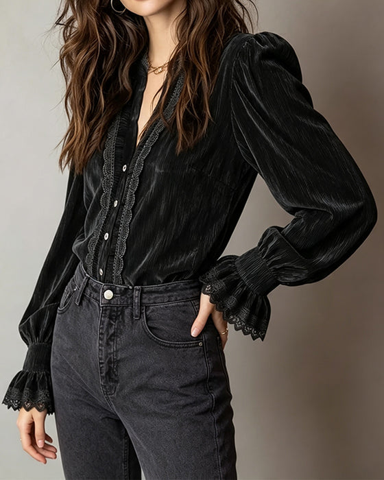 Blouse Pofmouw Ruffle Knoop Voor