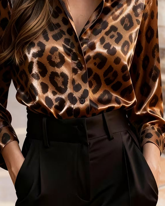 Blouse Kraag Luipaard Print Lange Mouw Gedrapeerd